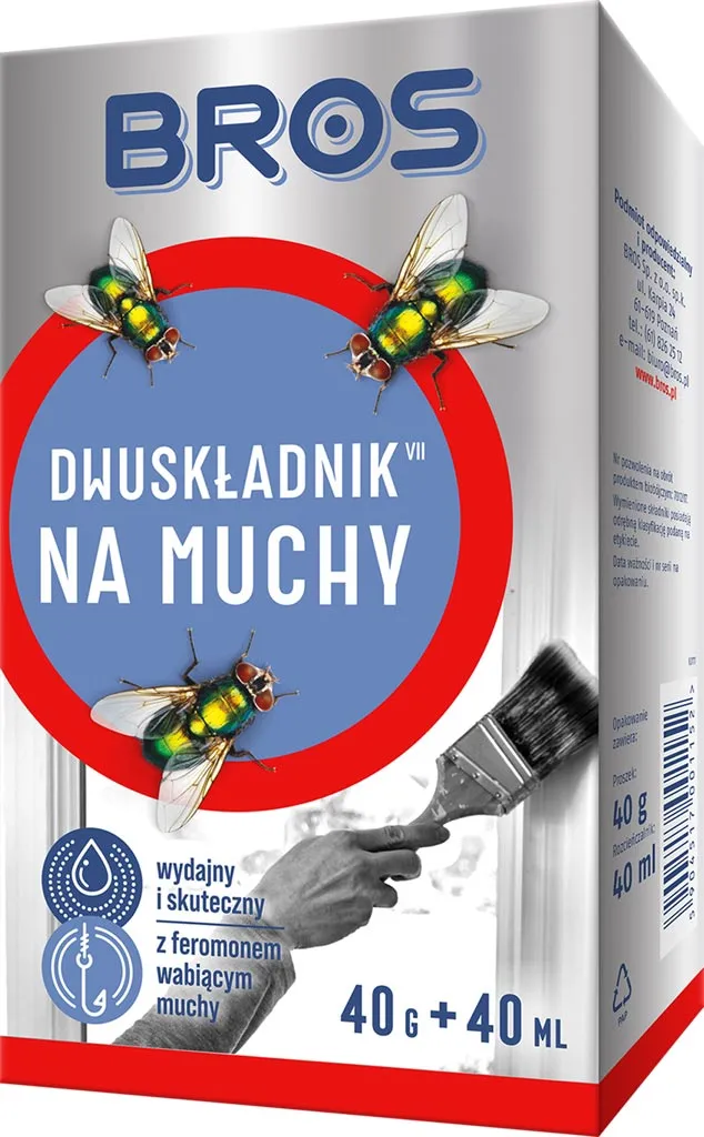 Opakowanie produktu do zwalczania much, zawiera 40 g proszku i 40 ml płynu. Opakowanie białe z niebiesko-czerwonymi akcentami i grafiką much.