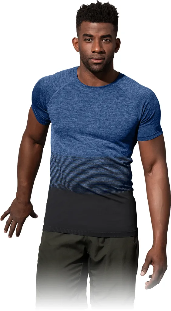 T-shirt męski o kroju dopasowanym z krótkimi rękawami. Kolor niebieski z gradientem przechodzącym w czarny na dole.