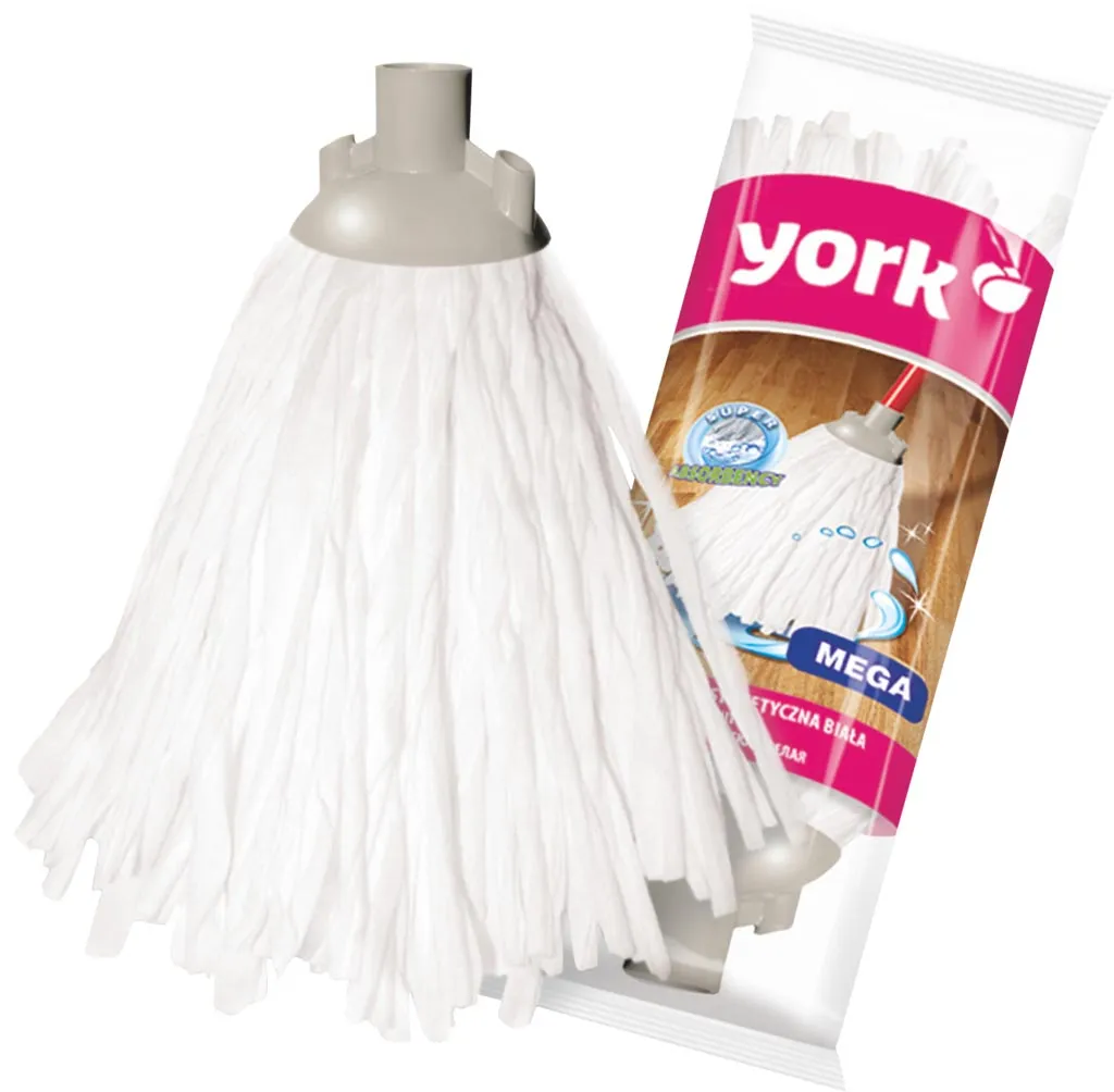 Biała końcówka mopa marki York z serii MEGA, wykonana z licznych, długich strzępów. Sprzedawana w opakowaniu z logo producenta.