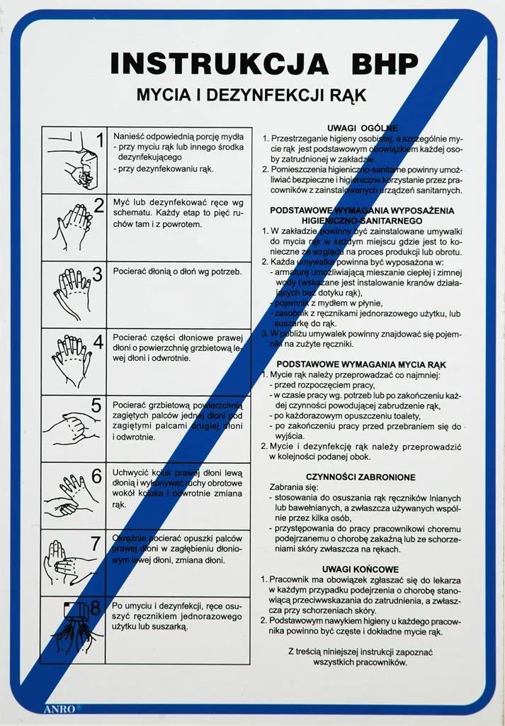 Plakat z instrukcją BHP dotyczącą mycia i dezynfekcji rąk zawiera krok po kroku graficzne i tekstowe wskazówki, w języku polskim, jak prawidłowo przeprowadzić higienę rąk. Znajdują się na nim również wytyczne dotyczące stosowania środków dezynf
