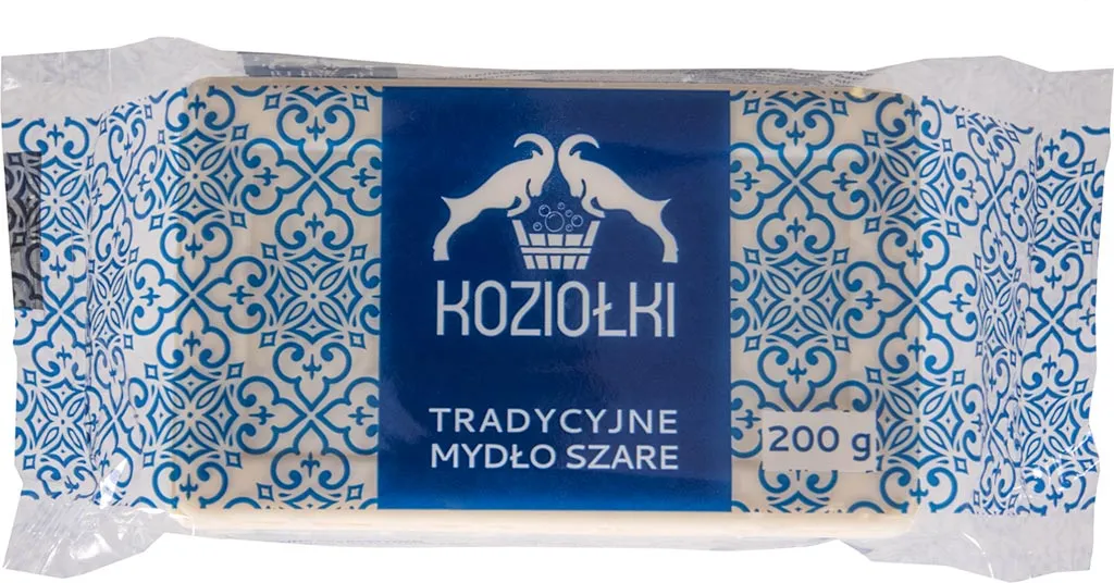 Opakowanie mydła Koziołki przedstawia tradycyjne mydło szare o wadze 200 g. Opakowanie ma niebiesko-białą grafikę z ornamentami i logotypem z dwoma koziołkami.