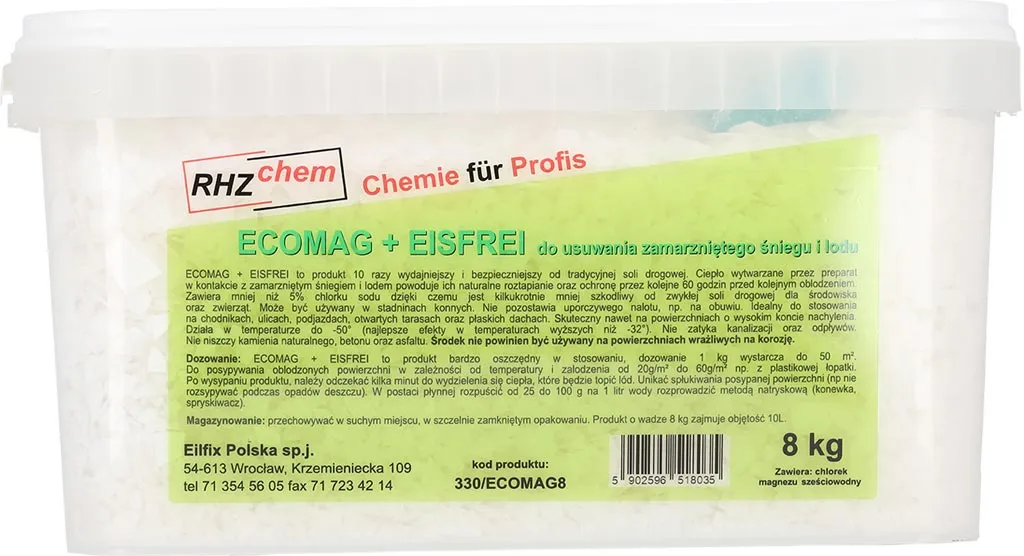 Opakowanie zawiera 8 kg granulatu ECOMAG® DISPFREE marki RHZ-Chem, który służy do usuwania śniegu i lodu. Na etykiecie znajdują się informacje o produkcie w różnych językach oraz kontakt do producenta.