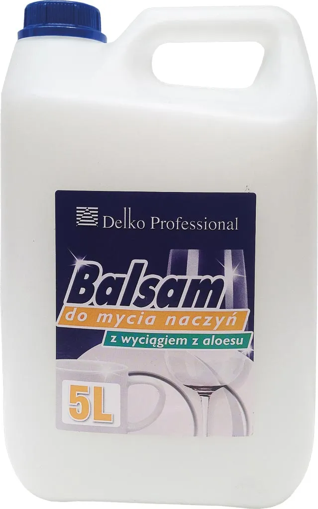 Płyn do mycia naczyń Balsam 5 l z wyciągiem z aloesu, marki Delko Professional. Opakowanie białe z niebieskimi i fioletowymi elementami graficznymi. Na etykiecie znajdują się informacje o pojemności oraz grafika przedstawiająca naczynia.