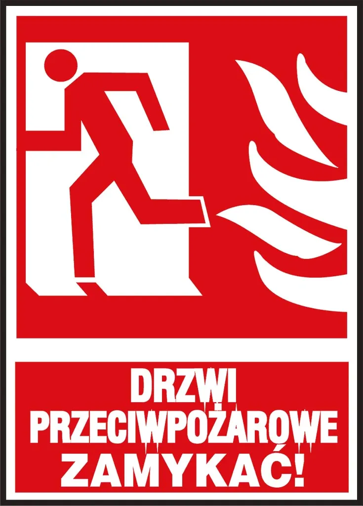 Znak bezpieczeństwa: biało-czerwona tablica z grafiką osoby wychodzącej przez drzwi i płomieniami. Napis
