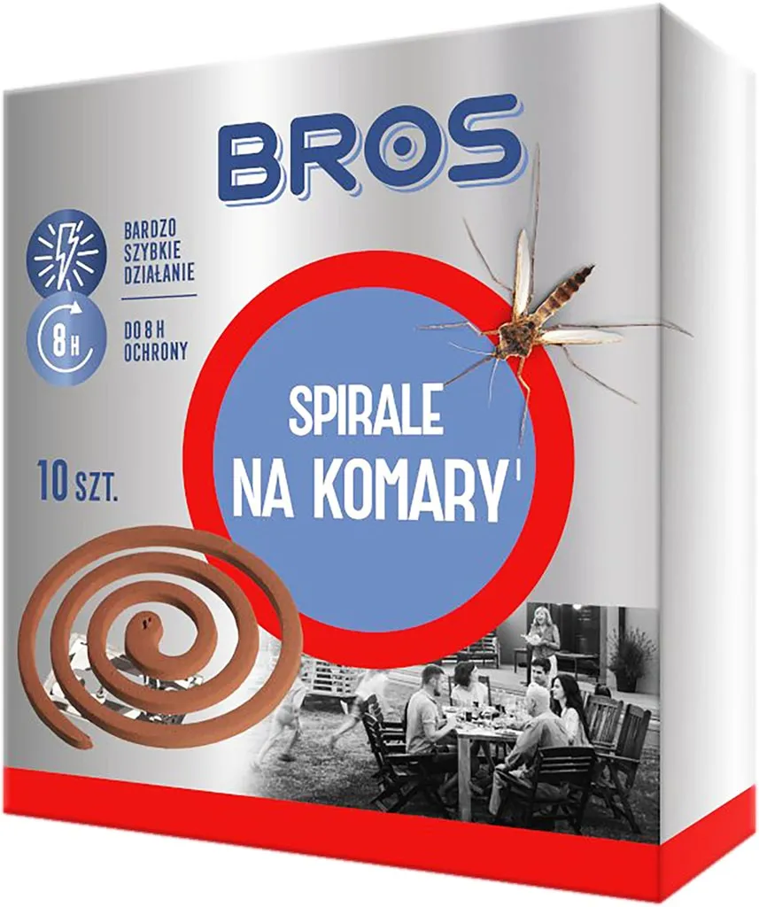 Opakowanie zawiera 10 sztuk spirali do odstraszania komarów. Produkt skuteczny przez 8 godzin. Na opakowaniu znajduje się również grafika przedstawiająca spiralę oraz komara.
