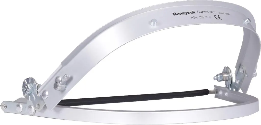 System mocujący do hełmów wykonany z anodowanego aluminium, wyposażony w regulowane zaciski i elastyczną taśmę. Marka Honeywell.