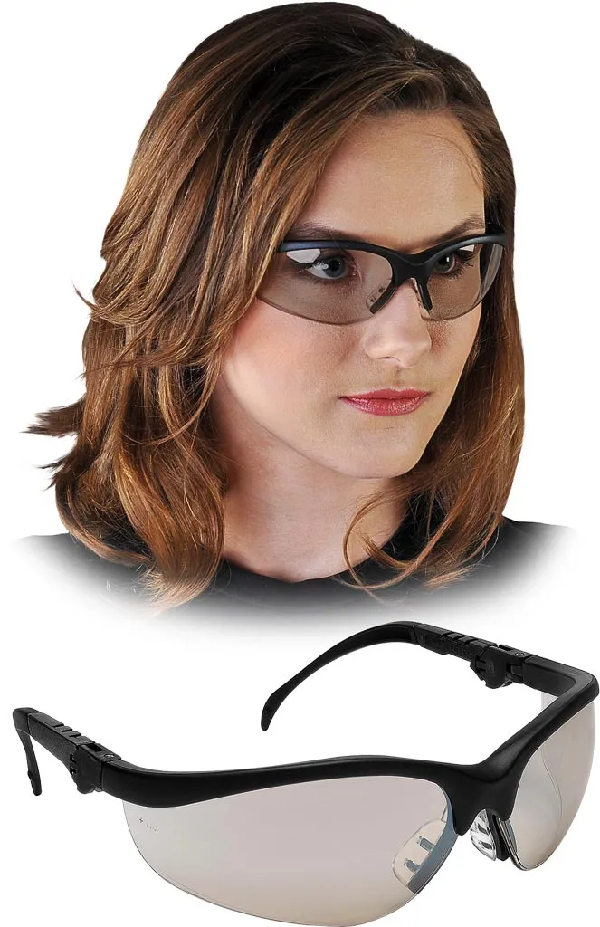 Przeciwodpryskowe okulary ochronne KLONDIKE Plus z czarnymi, elastycznymi zausznikami i przezroczystymi, lekko przyciemnianymi szkłami. Produkt posiada sportowy design.