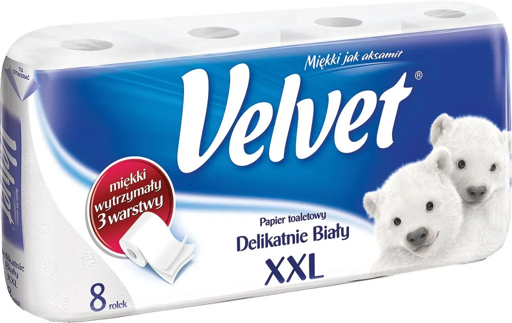 Opakowanie zawiera 8 rolek białego, trójwarstwowego papieru toaletowego marki Velvet, z serii Delikatnie Biały XXL. Na opakowaniu znajduje się logo firmy oraz grafika trzech białych niedźwiedzi polarnych.