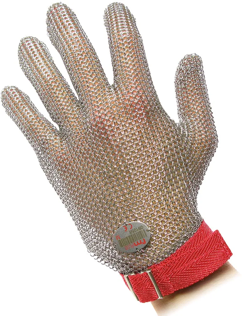 Rękawice ochronne fm PLUS wykonane z metalowej siatki z czerwonym mankietem na rzep.