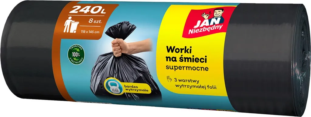 Worki na śmieci marki Jan Niezbędny, zapinane, pojemność 240L, 10 sztuk w opakowaniu, z systemem zamknięcia.
