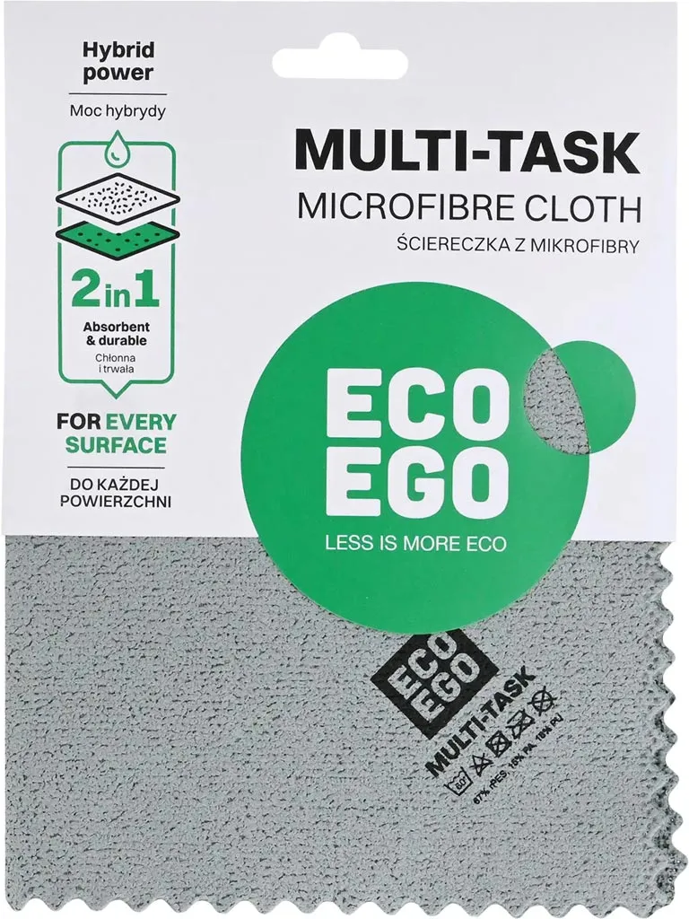 Ściereczka z mikrofibry MULTI TASK o właściwościach 2 w 1, odpowiednia do każdego typu powierzchni. Znak ECO EGO wskazuje na ekologiczny charakter produktu.