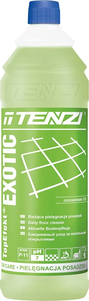 Zielona butelka o pojemności 1 litr z koncentratem do mycia - TopEfect EXOTIC. Przeznaczony do czyszczenia różnych powierzchni. Posiada biało-niebieską nakrętkę i etykietę z grafiką oraz informacjami produktowymi.