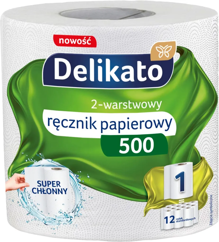 Ręcznik kuchenny marki Delikato, 2-warstwowy, opakowanie zawiera 500 listków. Produkt jest super chłonny.