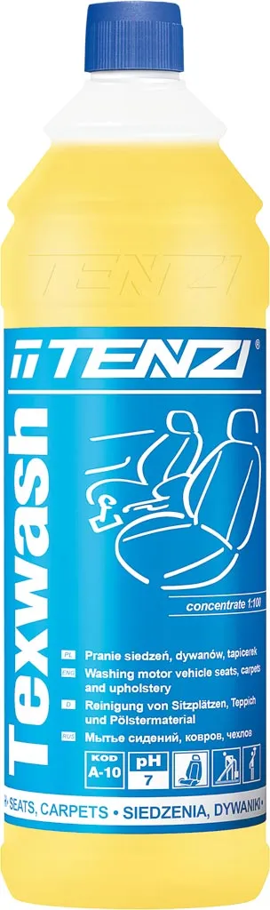 Butelka preparatu do prania TexWash firmy Tenzi. Produkt w płynie, przeznaczony do czyszczenia tekstyliów. Opakowanie jest żółte z niebieskimi grafikami i tekstami.