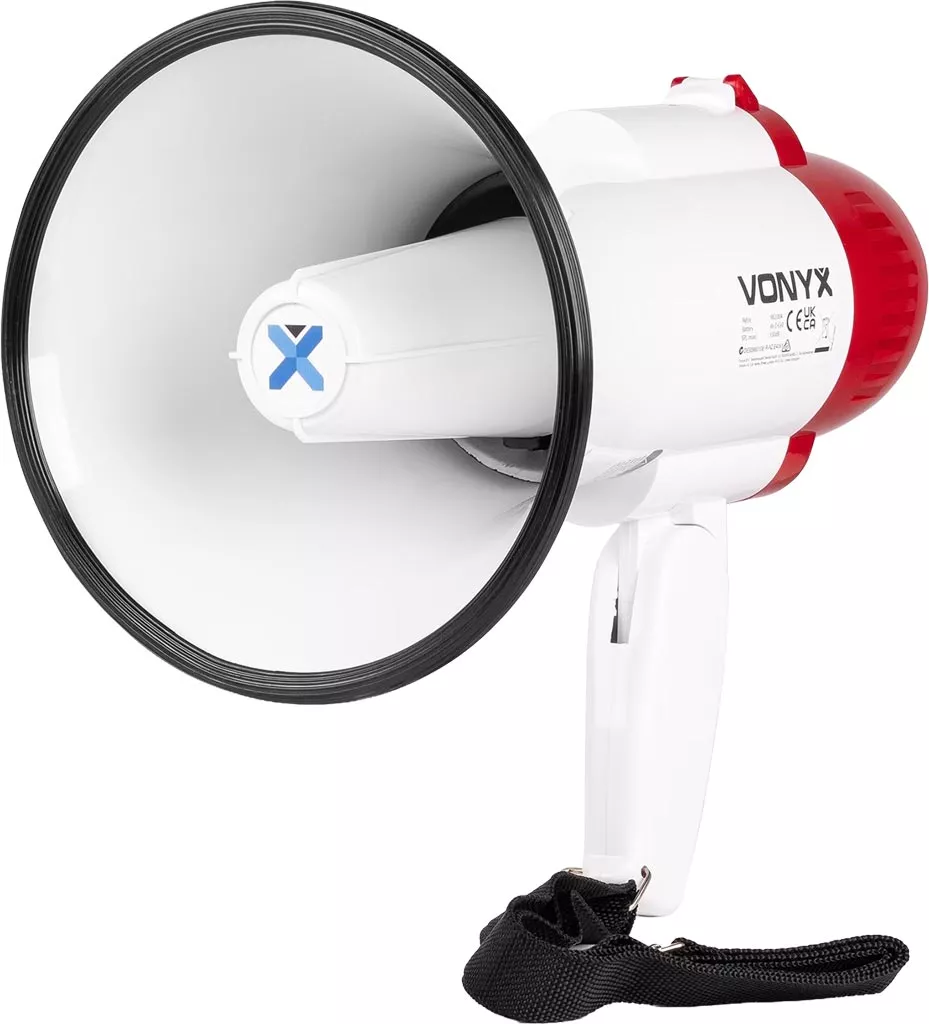Megafon Vonyx MEG020 o mocy 20W z funkcją nagrywania i syreną, wyposażony w pasek do przenoszenia. Obudowa w kolorze białym z czerwonym tyłem.