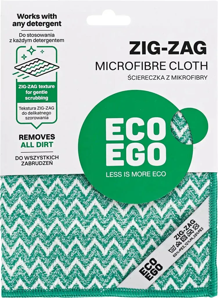 Ściereczka kuchenna z mikrofibry ZIG-ZAG, działa bez detergentu, usuwa zabrudzenia. Opakowanie promuje filozofię ekologiczną