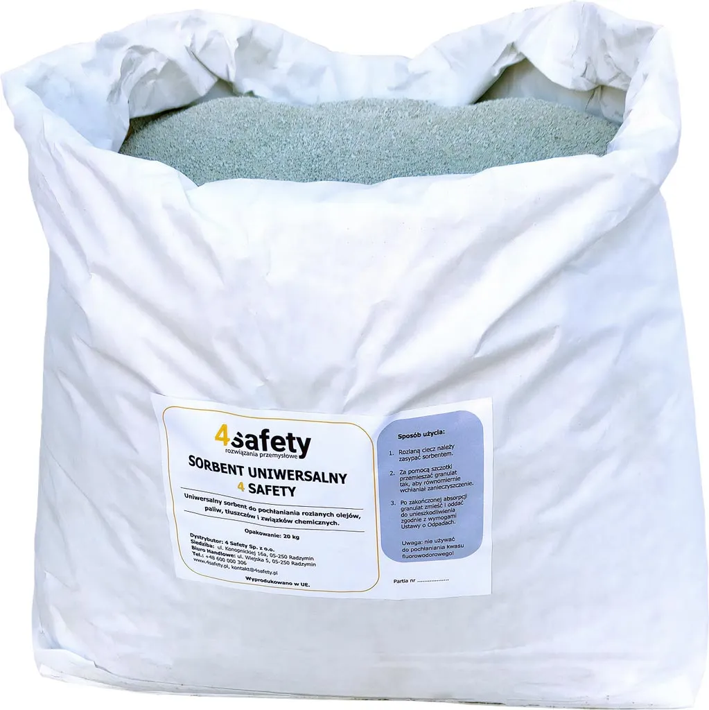 Opakowanie zawiera sorbent sypki uniwersalny marki 4safety, zawartość opakowania to 20 kg. Opakowanie jest białe z niebieskim i czarnym tekstem, przedstawia informacje o produkcie.