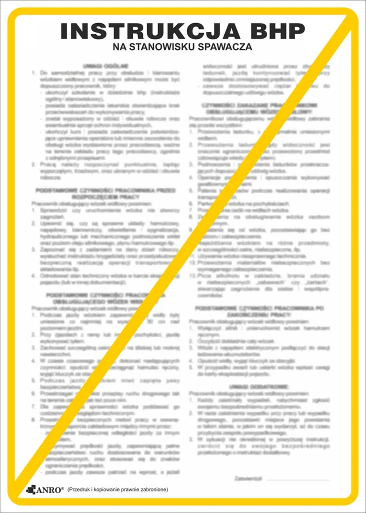 Plakat instruktażowy BHP dla stanowiska spawacza, zawierający szczegółowe wytyczne i procedury bezpieczeństwa. Tekst jest wydrukowany w dwóch kolumnach na żółtym tle, z nagłówkiem