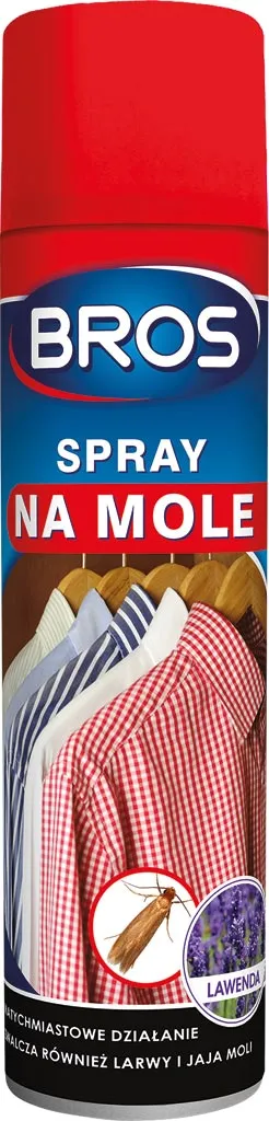 Czerwono-niebieski pojemnik Bros Spray na mole, chroniący ubrania. Na etykiecie znajdują się grafiki koszul i symboli ochrony tkanin.