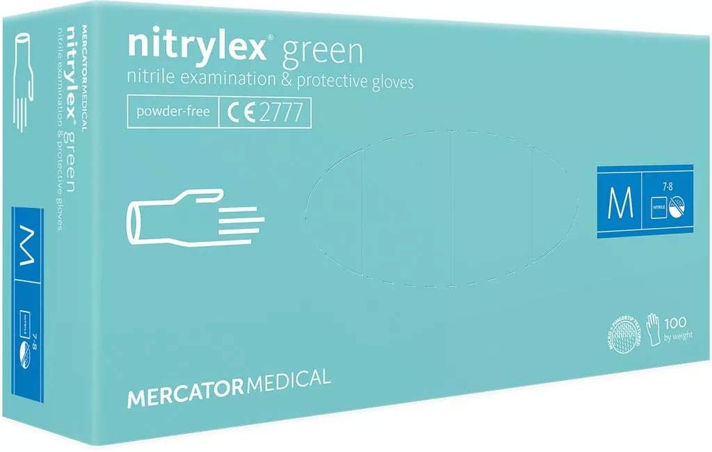 Rękawice nitrylowe, nitrylex® green, kolor miętowy. Rozmiar M, ilość w opakowaniu: 100 sztuk. Produkt Mercator Medical, oznaczenie CE 2777.