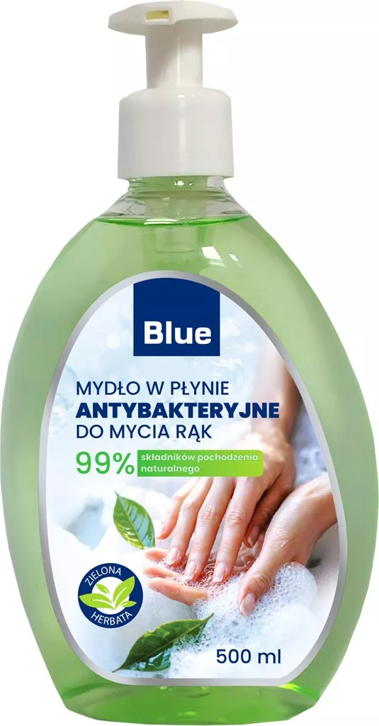 Antybakteryjne mydło w płynie Blue do mycia rąk o pojemności 500 ml, skutecznie usuwa bakterie i zanieczyszczenia, zapewniając higienę na 99%.
