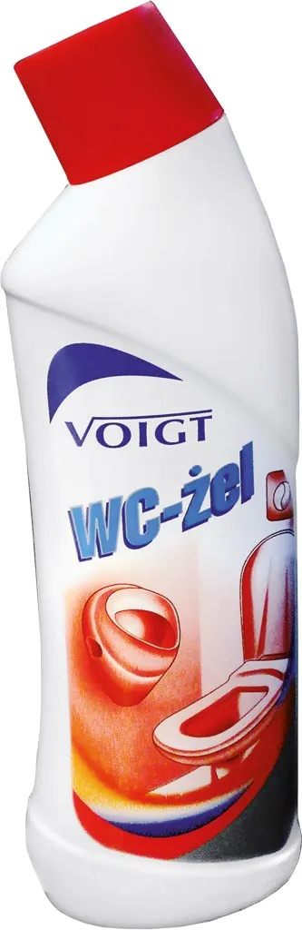 Opakowanie preparatu do czyszczenia toalet, marki Voigt, model WC-261. Biała butelka z czerwoną nakrętką i etykietą z grafiką uśmiechniętej muszli klozetowej.