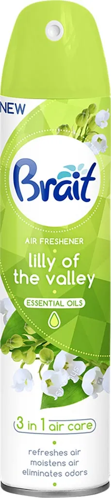 Odświeżacz powietrza Brait, zapach konwalii 'Lily of the Valley', 3 w 1. Opakowanie w kolorze zielonym z białymi i zielonymi akcentami graficznymi przedstawiającymi kwiaty konwalii.