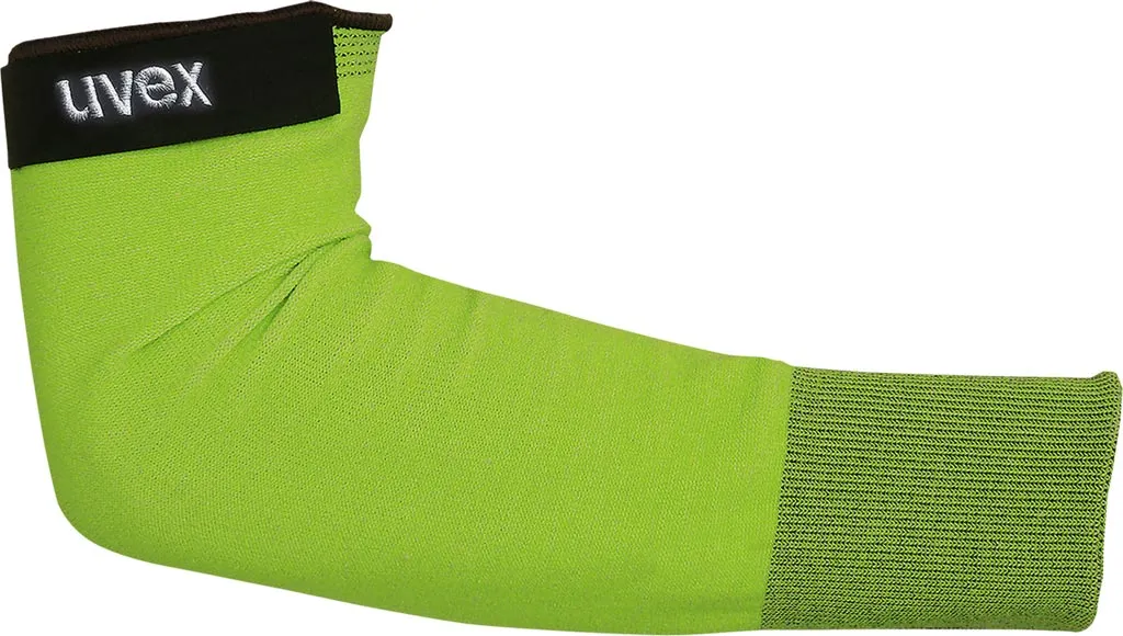 Zarękawki ochronne C500 Sleeve marki uvex, kolor jasnozielony, z ciemniejszym pasem u góry oraz wzmocnieniem w okolicy nadgarstka.