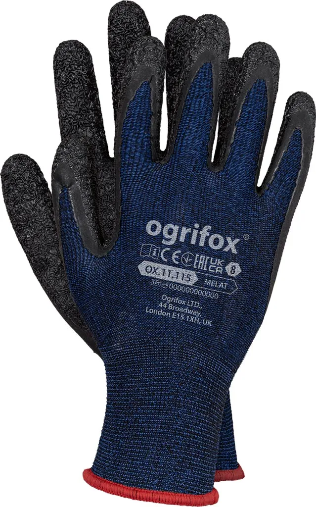 Rękawice ochronne marki Ogrifox, model OX.11.115 MELAT. Są to rękawice robocze na elastycznym niebieskim materiale z czarnym pokryciem na dłoniach i palcach, zapewniające lepszą przyczepność.