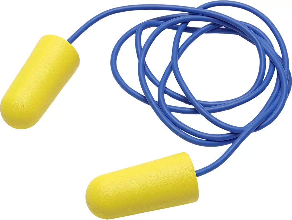 Rolowane piankowe zatyczki do uszu 3M E-A-Rsoft Yellow Neons na niebieskim sznurku, zapewniają ochronę przed hałasem. W opakowaniu 200 par.