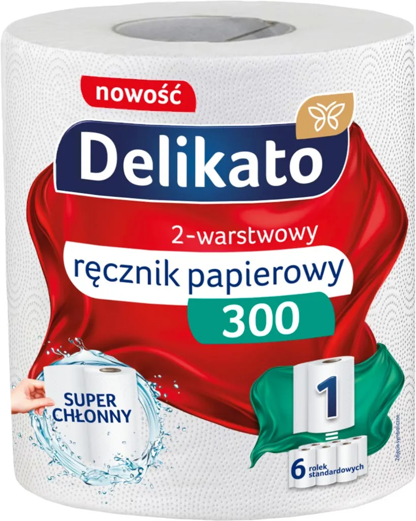 Ręcznik papierowy marki Delikato, dwuwarstwowy, opakowanie zawiera 300 listków. Produkt oznaczony jako