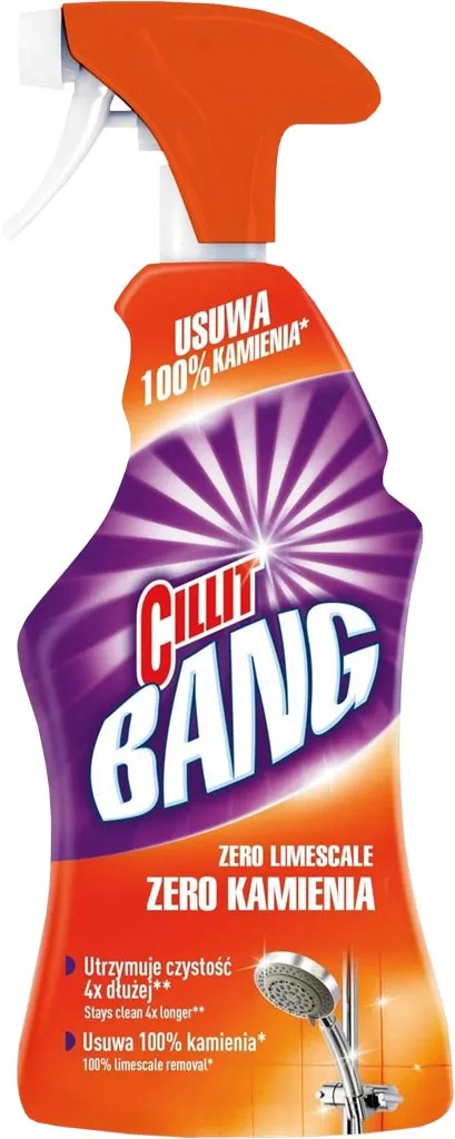 Płyn czyszczący Cillit Bang w sprayu o pojemności 750 ml, przeznaczony do usuwania kamienia i brudu. Opakowanie ma jaskrawo-pomarańczową nakrętkę i fioletową etykietę z białymi i pomarańczowymi elementami graficznymi.