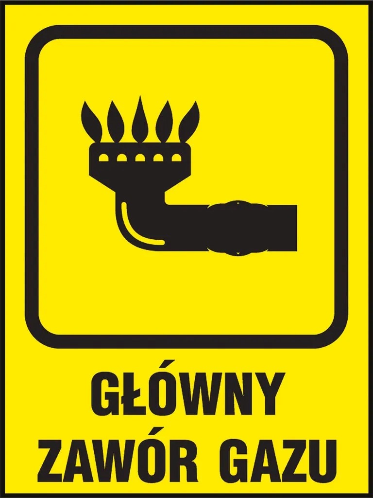 Żółty znak z czarną grafiką przedstawiającą rękę obracającą zawór gazu i napisem