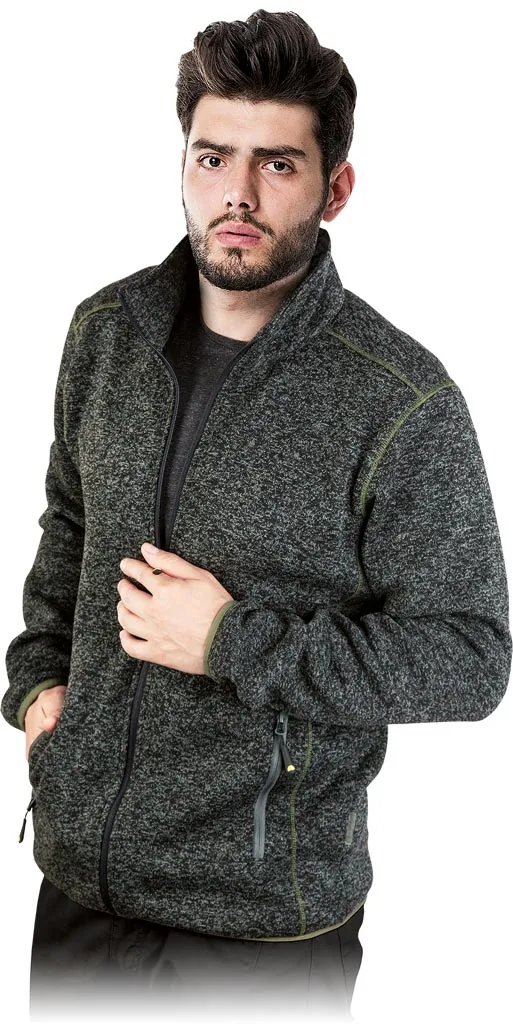 Bluza ochronna męska w kolorze ciemnoszarym, wykonana z grubego i wydaje się ciepłego materiału. Ma wysoki kołnierz, zamek błyskawiczny oraz ściągacze przy mankietach i na dole.