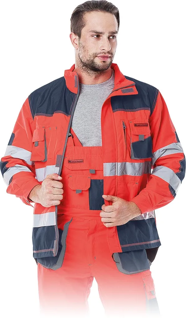 Bluza ochronna męska w kolorach czerwonym i szarym, z wieloma kieszeniami, elementami odblaskowymi oraz zapinana na zamek.