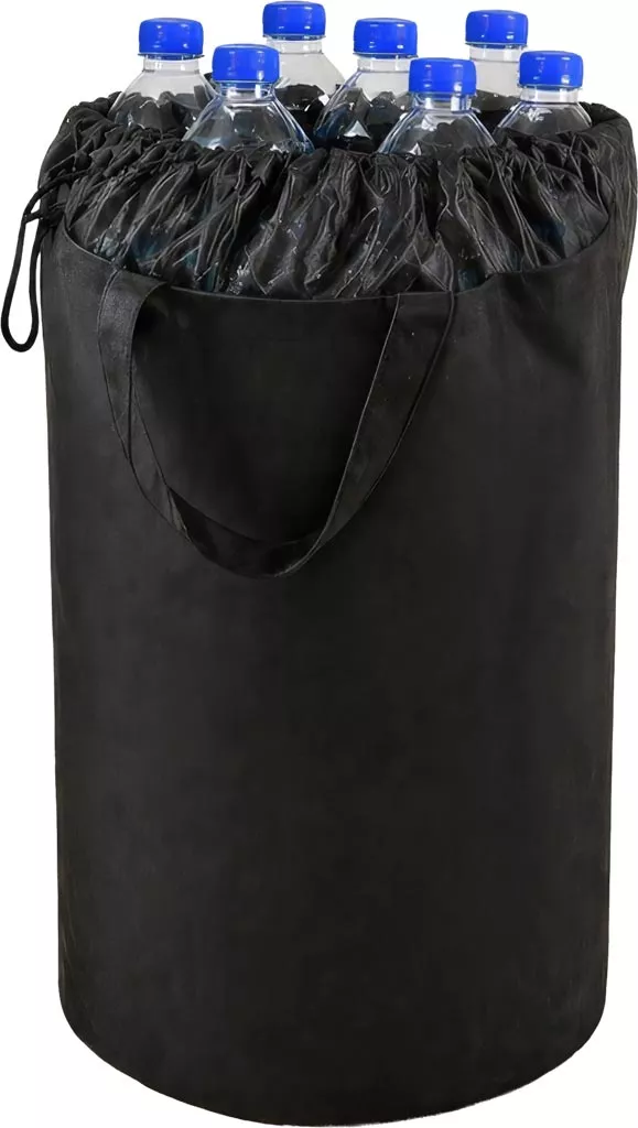 Torba BOTTLE-BAGMESH na butelki plastikowe i puszki kaucyjne, czarna, ściągana u góry siateczką, z uchwytem do przenoszenia. Pomaga w segregacji i transportowaniu butelek.