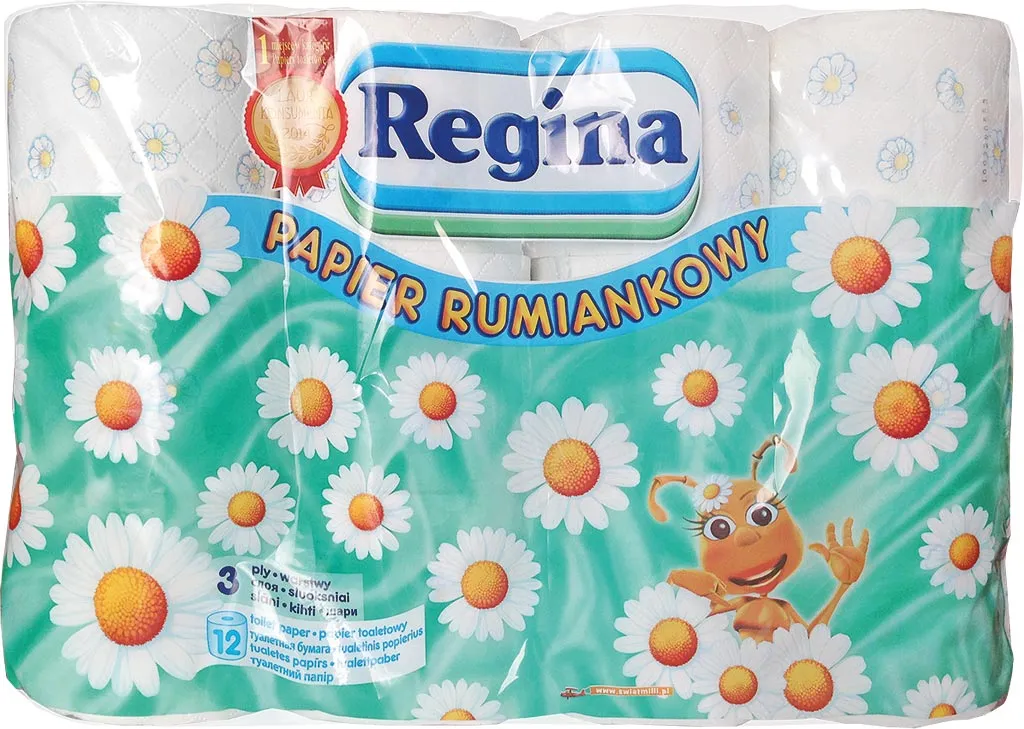 Opakowanie zawiera 12 rolek papieru toaletowego o zapachu rumianku, marki Regina. Opakowanie jest kolorowe, z motywem rumiankowych kwiatów i radosnym, pomarańczowym stworzeniem.