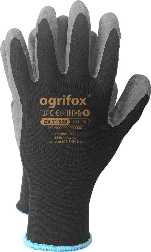 Czarne rękawice ochronne z lateksu, marki Ogrifox, model OX.11.558, rozmiar L. Posiadają niebieską obręcz na nadgarstku.