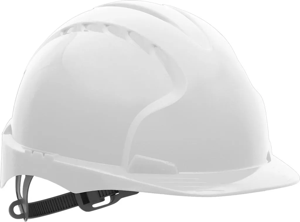 Hełm ochronny EVO3 koloru białego, wykonany z tworzywa HDPE. Posiada regulowany pasek na podbródek oraz system mocowania.