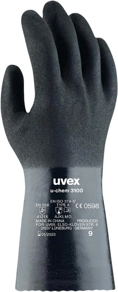 Rękawice ochronne Uvex U-Chem 3100, czarne, pokryte poliuretanem. Na rękawicach widoczne są oznaczenia modelu oraz certyfikaty CE i EN388.