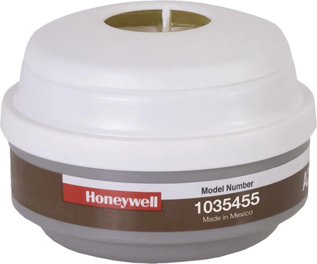 Biało-brązowy filtropochłaniacz Honeywell, model 1035455, wykonany w Meksyku.