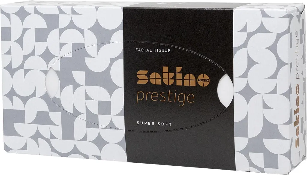 Opakowanie chusteczek kosmetycznych Clou Prestige, super miękkich. Design w szaro-białe wzory kwiatowe z czarnym okrągłym okienkiem z logo i nazwą produktu.