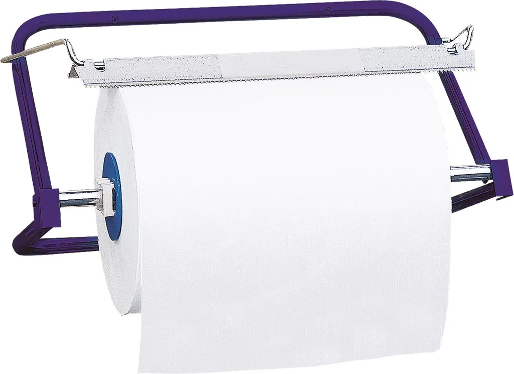 Wieszak na przemysłowe czyściwa w rolach, metalowy, z ramą w kolorze fioletowym i białą rolką czyściwa. Posiada mechanizm do łatwego odrywania papieru.