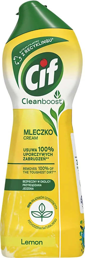 Mleczko czyszczące CIF Cleanboost o zapachu cytrynowym. Zawiera 100% składników biodegradowalnych. Opakowanie z recyklingu.