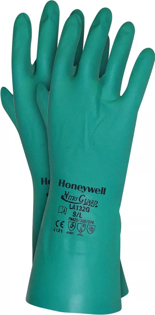 Zielone rękawice ochronne marki Honeywell, model Nitri Guard Plus. Na rękawicy widoczne oznaczenia CE, rozmiar 9 oraz inne symbole związane z normami bezpieczeństwa.