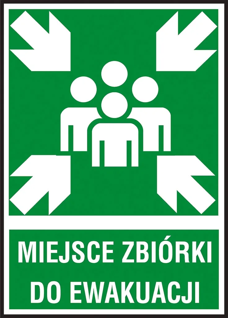 Znak bezpieczeństwa „Miejsce zbiórki do ewakuacji” w kolorze zielonym z białymi grafikami i napisem. Przedstawia trzy osoby i strzałki wskazujące miejsce zbiórki.