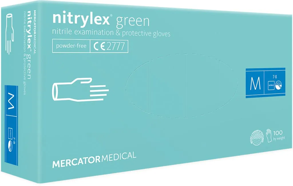 Rękawice nitrylowe, nitrylex® green, kolor miętowy. Rozmiar M, ilość w opakowaniu: 100 sztuk. Produkt Mercator Medical, oznaczenie CE 2777.
