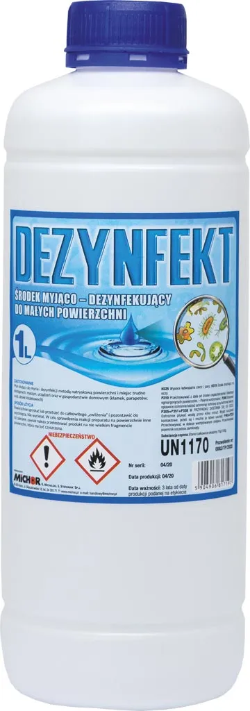 Butelka zawiera przezroczysty płyn do dezynfekcji. Opakowanie jest białe z niebieskimi i żółtymi akcentami. Na etykiecie widnieją symbole ostrzegawcze oraz informacje o skuteczności przeciwko bakteriom i wirusom.