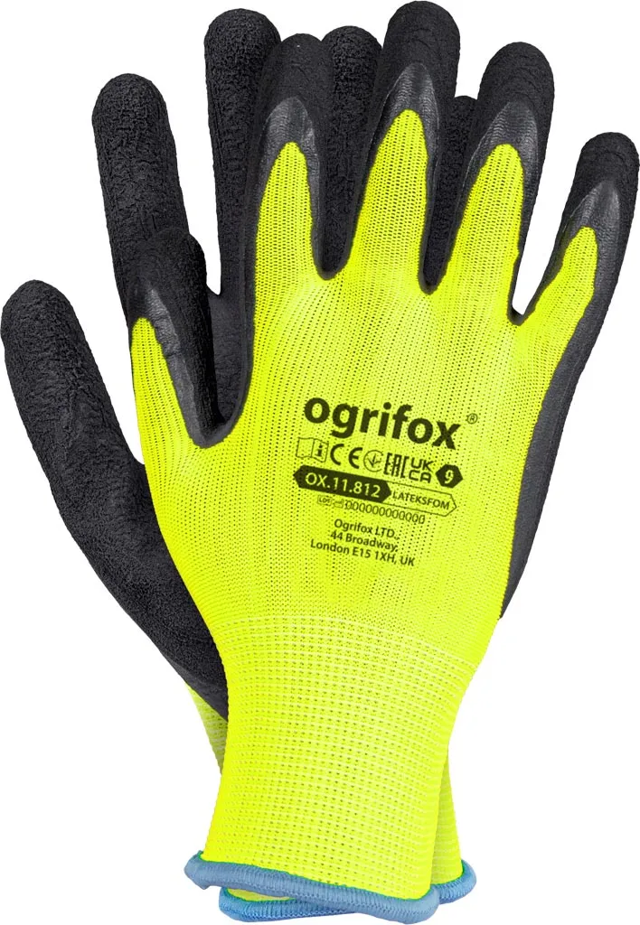 Rękawice ochronne marki Ogrifox, model OX.11.812, z żółtą tkaniną i czarną powłoką lateksową na dłoniach.