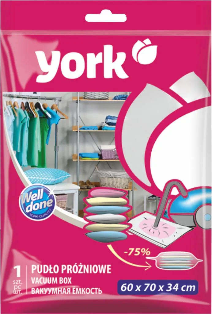 Opakowanie pudła próżniowego marki York o wymiarach 60 x 70 x 34 cm, w kolorze różowym pokazuje zdjęcia ubrań przed i po kompresji wskazujące redukcję objętości o 75%.